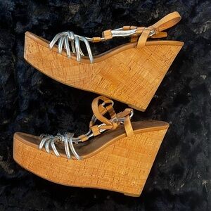Coach Cork Platform Wedge Sandals with Silver Straps
